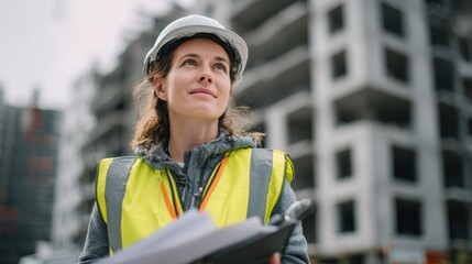 A confident female engineer inspecting a construction site, showcasing professionalism and dedication in her work.