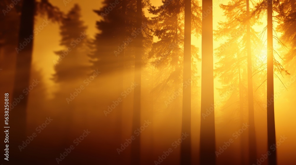 Poster golden sunlight filters through tall trees in a serene forest, creating a tranquil atmosphere