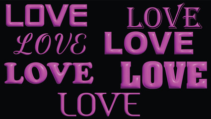 3D Glossy Pink Color LOVE Letter Valentines Set On Black Background