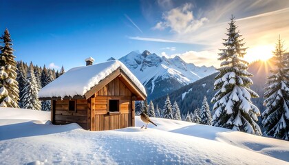 Snowy mountain cabin at sunrise