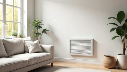 Fototapeta premium Bright living room with beige sofa plants wall mounted heater and large window view of greenery