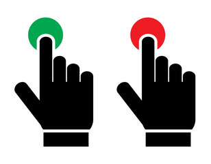 Button press touch icon top view vector graphic illustration finger push start red and green color, flat switch poke sign symbol silhouette image clip art