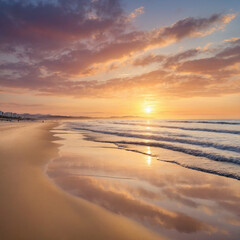 Breathtaking sunrise over tranquil ocean beach with stunning reflections