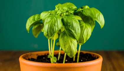 Fresh basil plant in terracotta pot