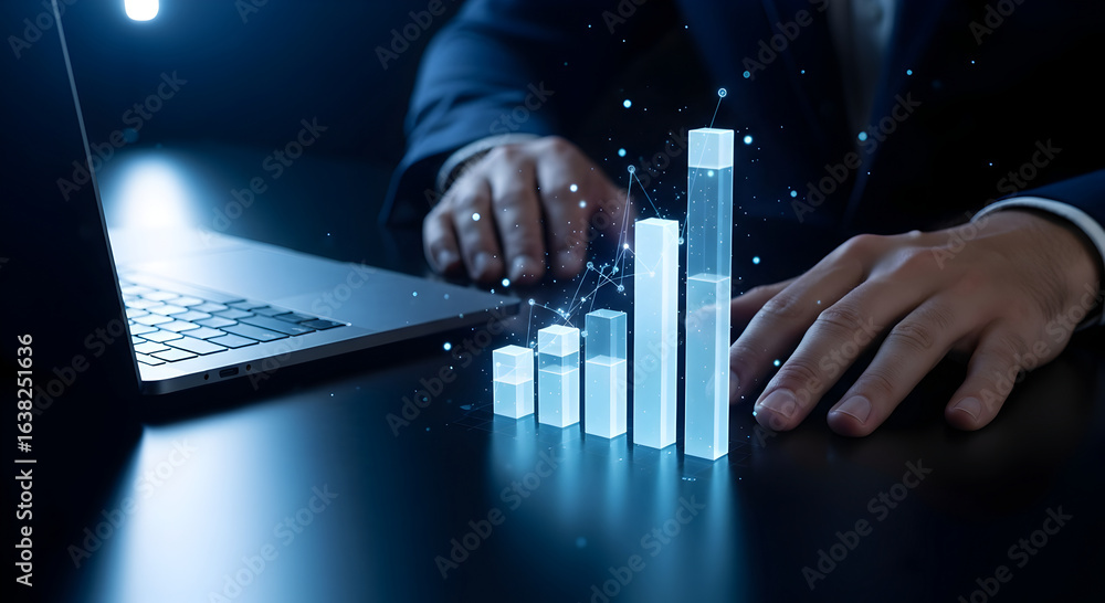 Poster professional interacting with illuminated digital data visualization for business growth insights