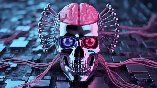 Metallic skull with exposed pink brain and connected cables, conceptual AI brain computer interface and cybernetic intelligence representation