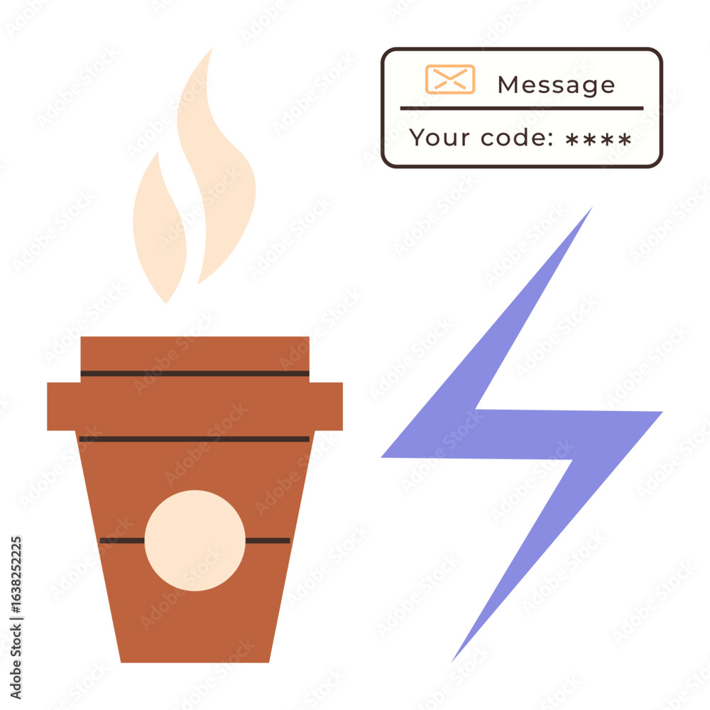 Poster coffee cup with steam, a lightning bolt symbolizing energy, and a message box with a generic code. i