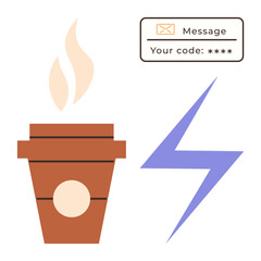 Coffee cup with steam, a lightning bolt symbolizing energy, and a message box with a generic code. Ideal for productivity, technology, energy boost, caffeine culture, communication, work efficiency