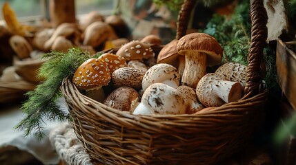 Mushrooms in Woven Basket Freshly Picked Forest Fungi