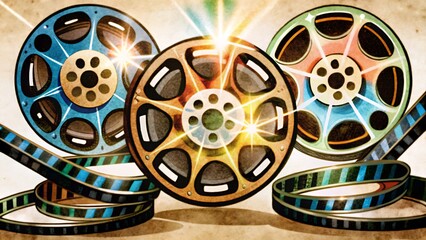 Bright scholar style shiny film reels and digital light flares on a black gradient background, symbolizing creativity and professionalism