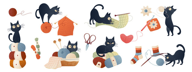Set of cute cartoon black cats in cozy atmosphere with yarn, knitting and crochet elements Peaceful home hobbies with lovely pets for planner, stickers, DIY and craft project Flat vector illustrations