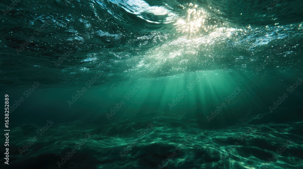 Poster a serene underwater scene showcasing light rays filtering through water, creating a tranquil and cal