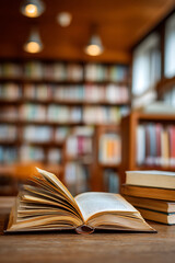 Fototapeta premium Open Book on Wooden Table in Library with Blurred Bookshelves Background