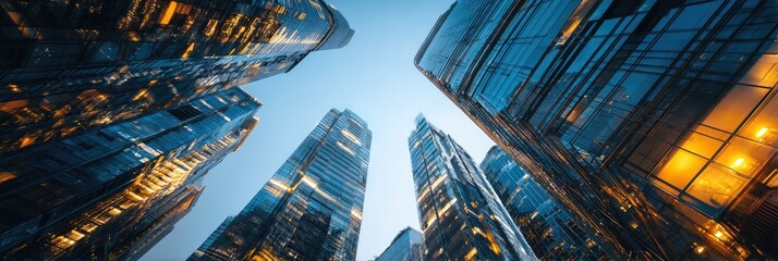 Low-angle view of towering, glass-fronted skyscrapers at dusk, illuminated with warm interior lights against a twilight sky