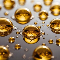 Macro photography of golden liquid droplets on a smooth reflective surface, warm lighting, luxurious aesthetic, no people,Generative Ai
