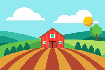 Naklejka premium A charming cartoon village with houses, green meadows, and a vibrant sky, perfect for a summer illustration