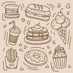 Hand drawn food doodles illustration pattern. Sketch style delivery cafe and restaurant icons. Set vector illustration doodles of food, drink, dessert, beverage for invitations, menus and parties. 