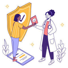 Doctor giving medical document to patient near shield