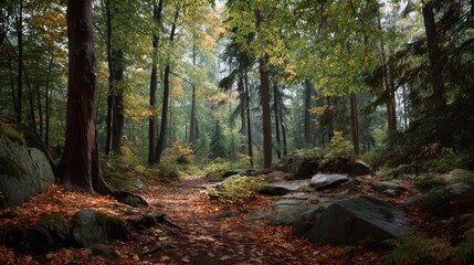 Fototapeta premium Tranquil Autumn Forest with Fallen Leaves and Lush Greenery