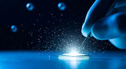 Fototapeta premium Hand in blue glove touching glowing computer chip with sparks microchip technology