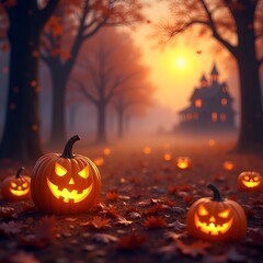 Halloween Banner Background with Pumpkins and Autumn Leaves