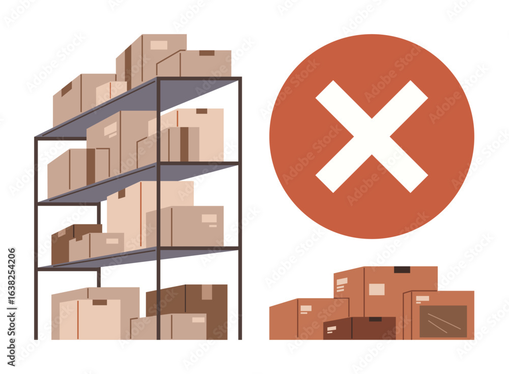 Poster warehouse shelves with neatly stacked boxes contrasted by messy box piles marked with a red cross. i