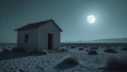 A solitary house stands beneath a bright moon in a desolate landscape at night time scene view