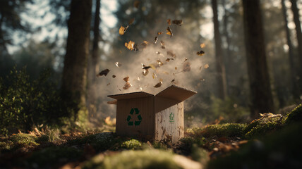 森の中で落ち葉が舞う段ボール箱