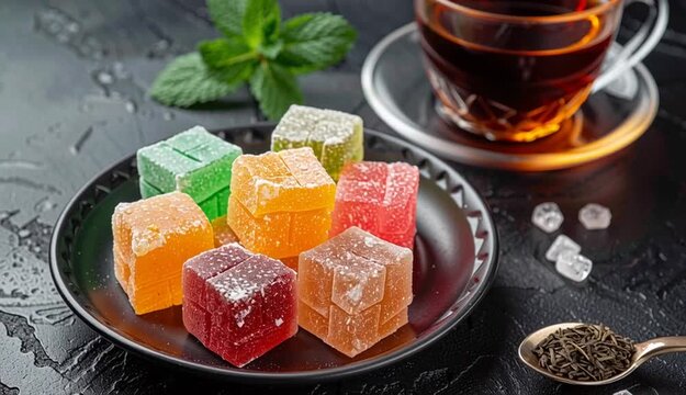 Bowl with various pieces of turkish delight lokum and black tea with mint on a dark background