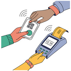 Hands making cashless payment with phone and terminal