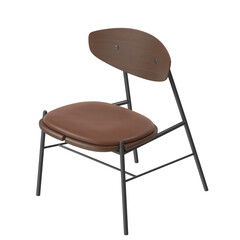 Modern Wooden Dining Chair, Leather Cushion, Dark Metal Frame, Isometric View 3D Render