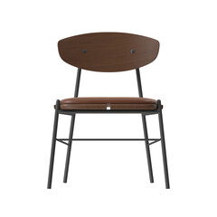 Modern Wooden Dining Chair, Leather Cushion, Dark Metal Frame, Front View 3D Render