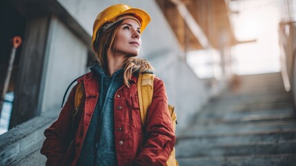 Fototapeta premium A woman in a hard hat and jacket looks confidently at a construction site, embodying strength and determination.