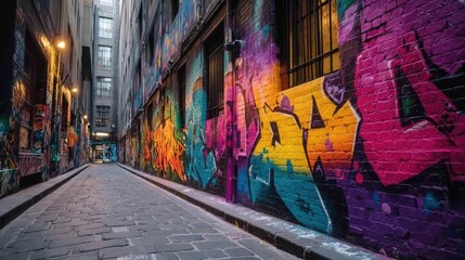 Obraz premium Vibrant Urban Alleyway with Colorful Street Art and Graffiti in a Modern City Setting Full of Creative Expression