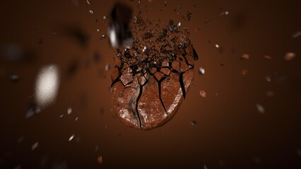 Coffee bean is shown in mid air, dramatically cracking and shattering into pieces against rich...