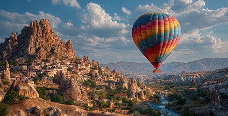 Obraz premium Hot air balloon flying mountain valley Göreme National Park and the Rock Sites of Cappadocia Turkey