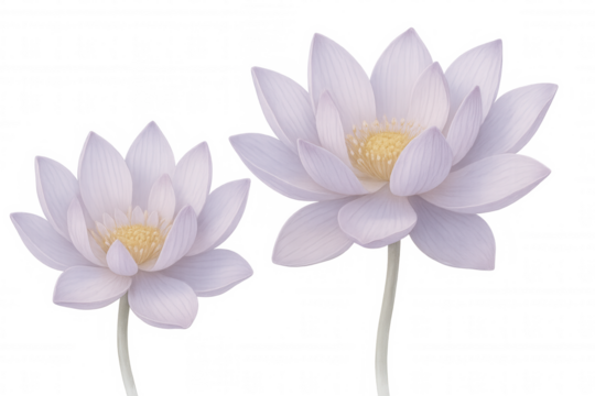 Light purple lotus flowers blooming, symbolizing spiritual purity and natural beauty with translucent delicate petals against clean background