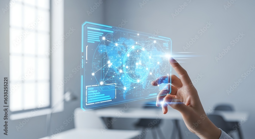 Poster female hand interacts with futuristic digital interface over a desk setup, concept for data analysis