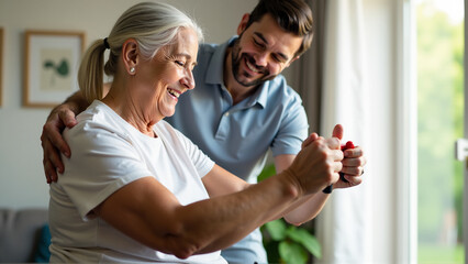 Family Assisting with Home Physical Therapy