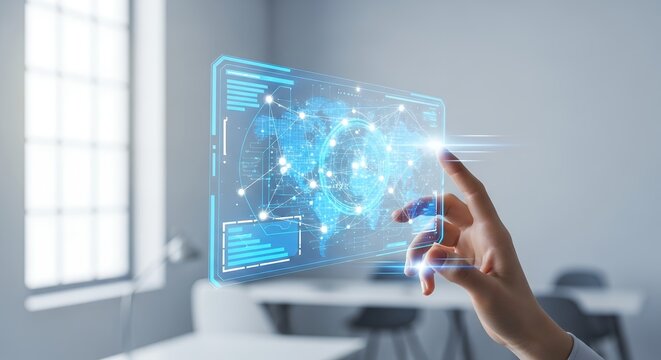 Female hand interacts with futuristic digital interface over a desk setup, concept for data analysis, artificial intelligence and augmented reality visualization.