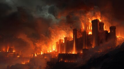 Fortress on Fire During Dramatic Raid with Intense Flames and Smoke