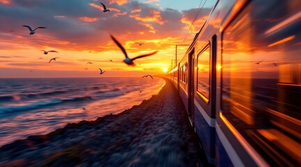 A high speed train glides along a coastal track at sunset with seagulls flying image