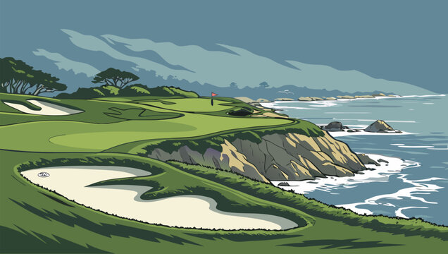 A scenic golf course overlooking the ocean with mountains in the background on a sunny day scene