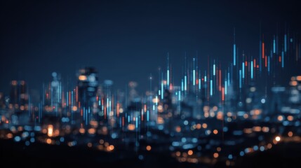 Abstract financial data visualizations over a city skyline at night, showcasing market trends and investment insights.