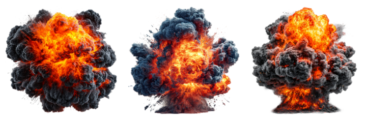 Thick black smoke explosion with orange flame core creates dramatic and intense visual impact, showcasing power of fire and destruction