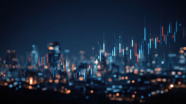 Abstract financial data visualizations over a city skyline at night, showcasing market trends and investment insights.