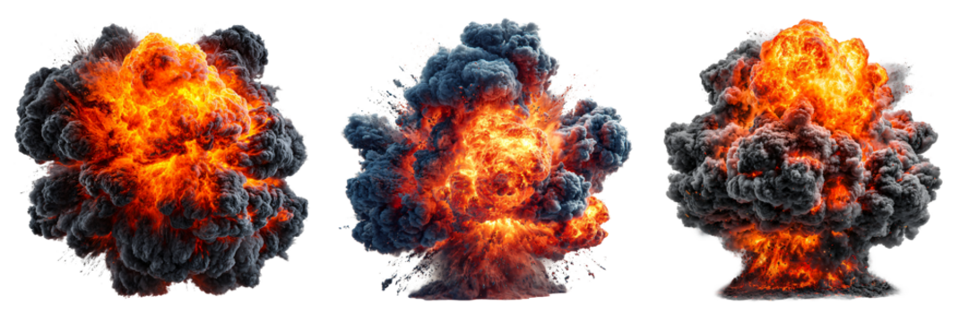 Thick black smoke explosion with orange flame core creates dramatic and intense visual impact, showcasing power of fire and destruction