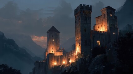 Fototapeta premium Fortress at Twilight with Lit Torches Illuminating the Landscape
