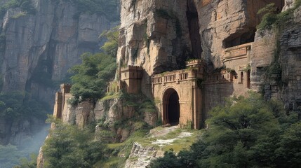 Majestic Fortress Built into Canyon Wall Surrounded by Lush Nature
