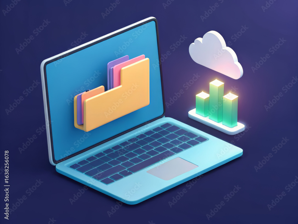 Poster laptop with cloud and data analytics, showing file organization